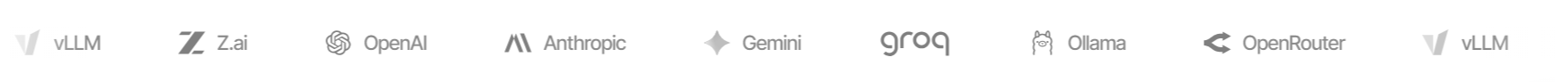 vLLM, Z.ai, OpenAI, Anthropic, Gemini, groq, Ollama, OpenRouter, vLLM